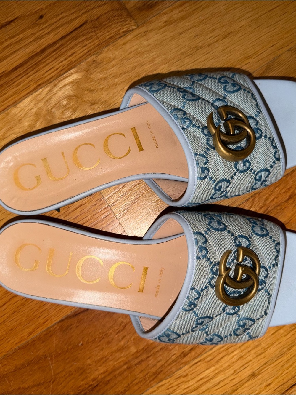 Gucci Light Blue GG Denim Slide Mules with Gold Double G - Picture 3 of 4